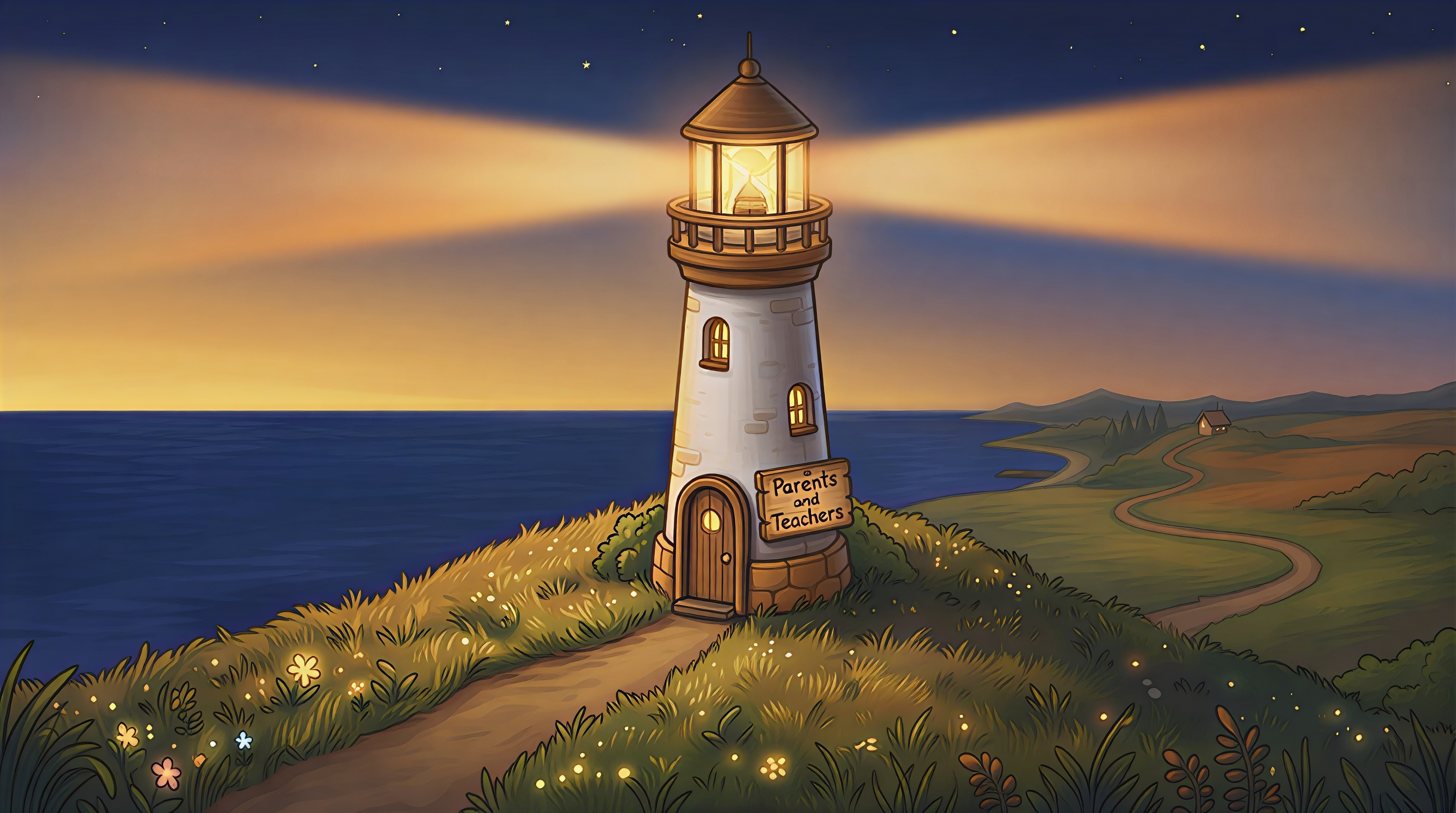 An illustrated lighthouse by the sea